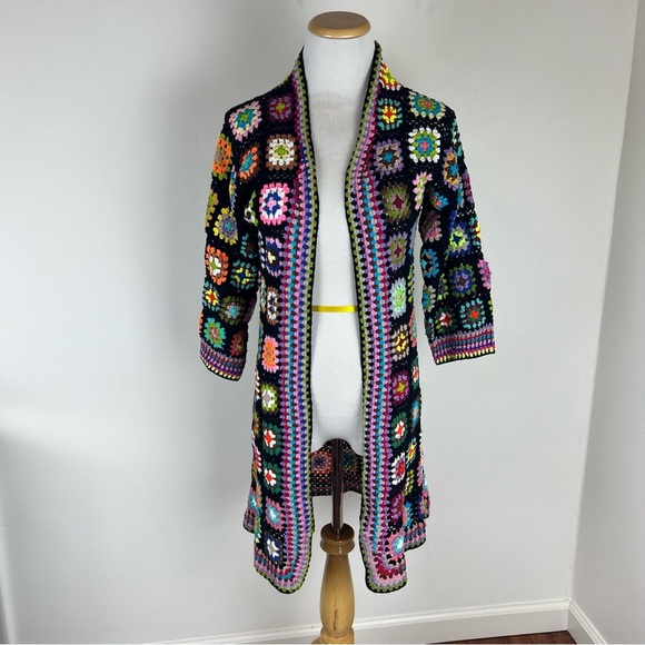 Alix pinho Crochet Cardigan Sweater Size S Black Granny Squares - Picture 1 of 4